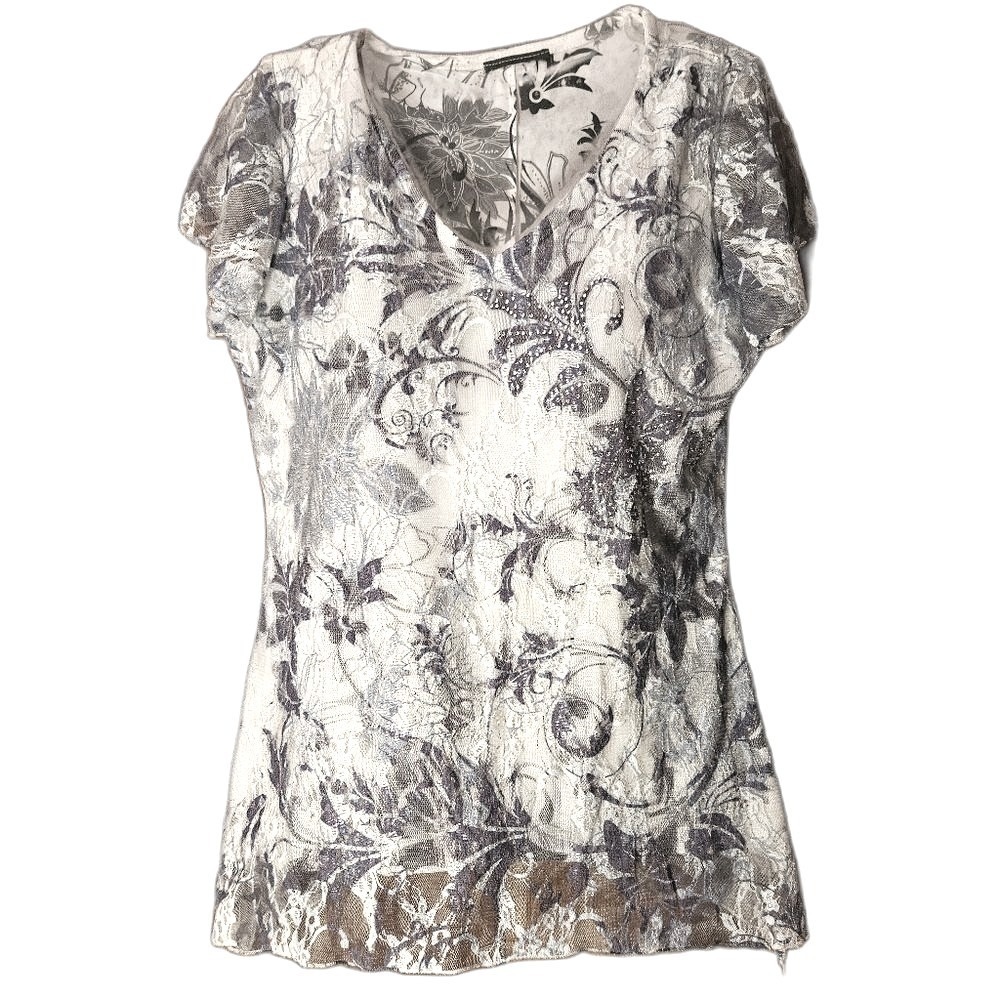 Floral Lace Sparkle Mesh Top M - White Grey Shimmer Tea Party Boho